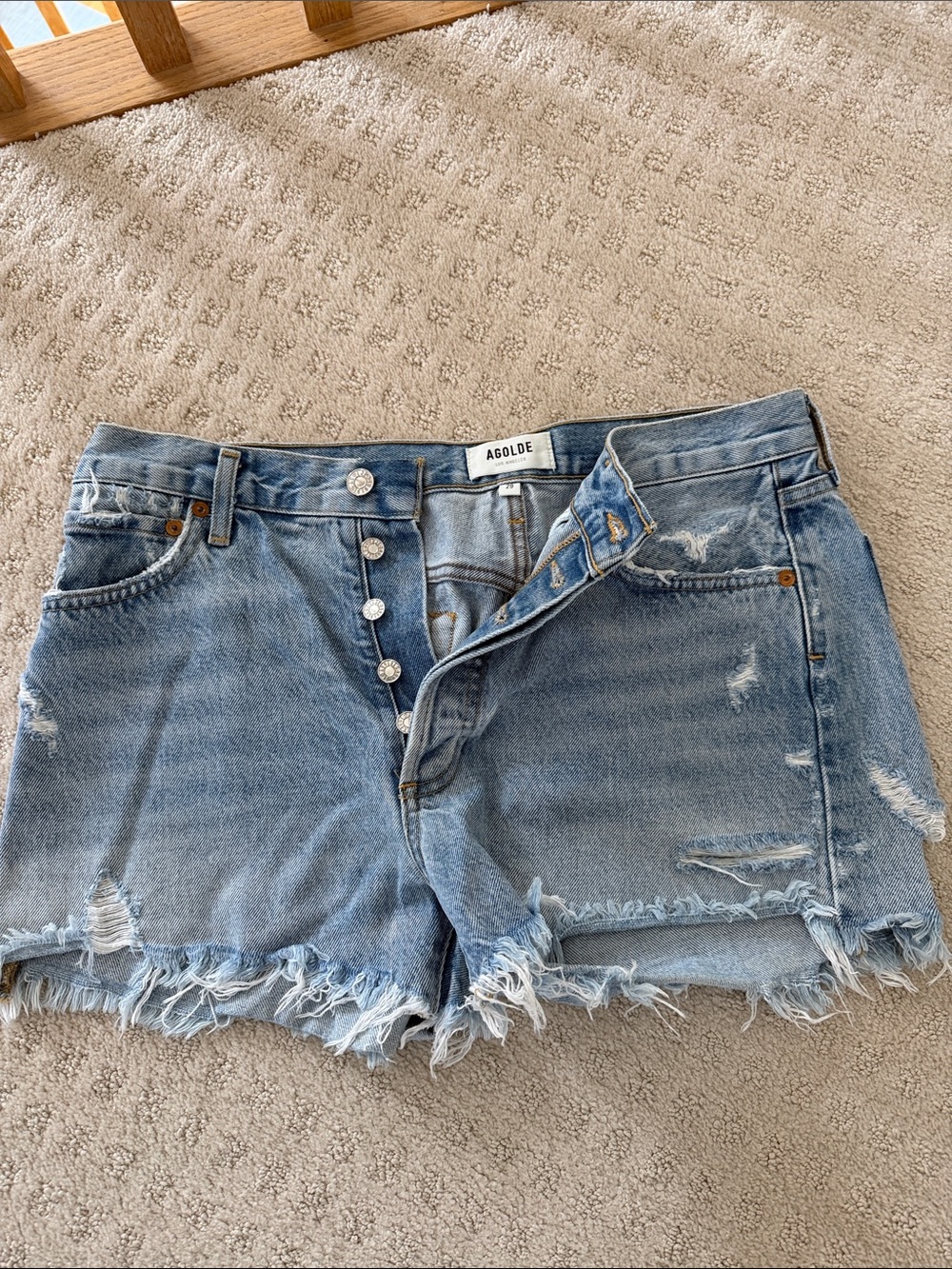 Agolde Medium Blue Distressed Button-Fly Denim Shorts